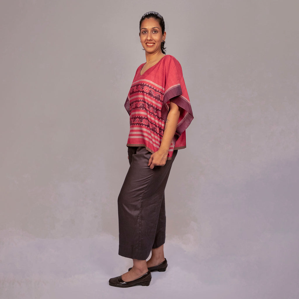 Sambalpuri handloom cotton pink ikat free size poncho with lata motifs in front