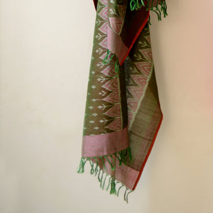 Olive and soft pink Sambalpuri cotton ikat stole with contrast orange edging.