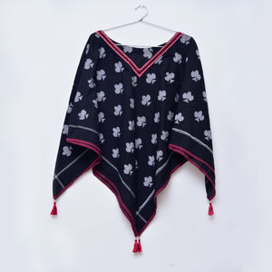 Sambalpuri cotton black ikat triangle poncho with spade motifs with maroon edge piping and tassel detailing