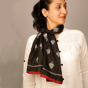 Handwoven Sambalpuri cotton black ikat scarf with allover taash spade  motifs and maroon edging