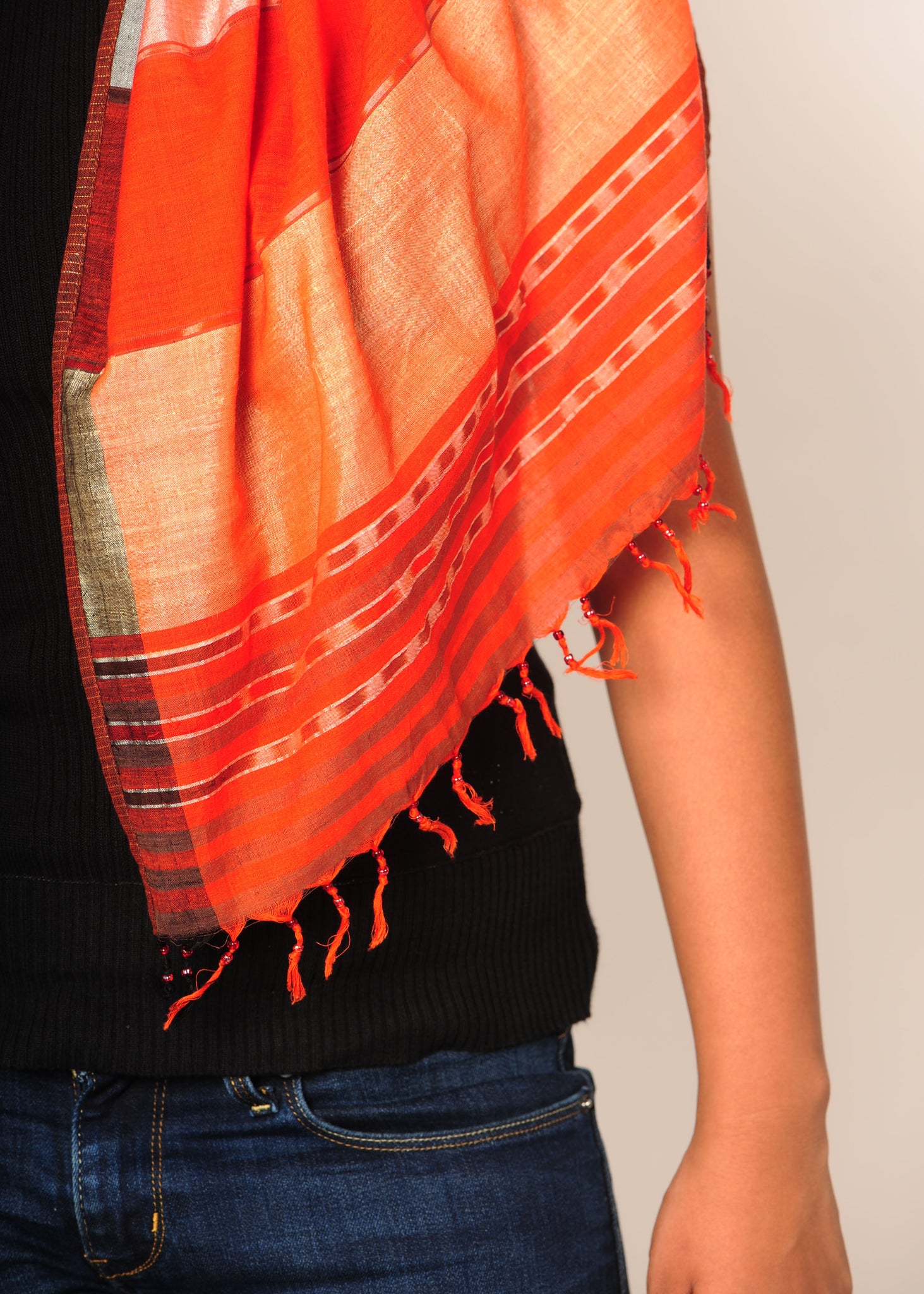 Bright ruby toned handloom cotton-silk ikat scarf 