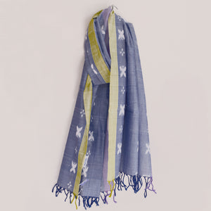 Handwoven shimmery cloudy blue Sambalpuri cotton ikat scarf with allover butterfly motifs