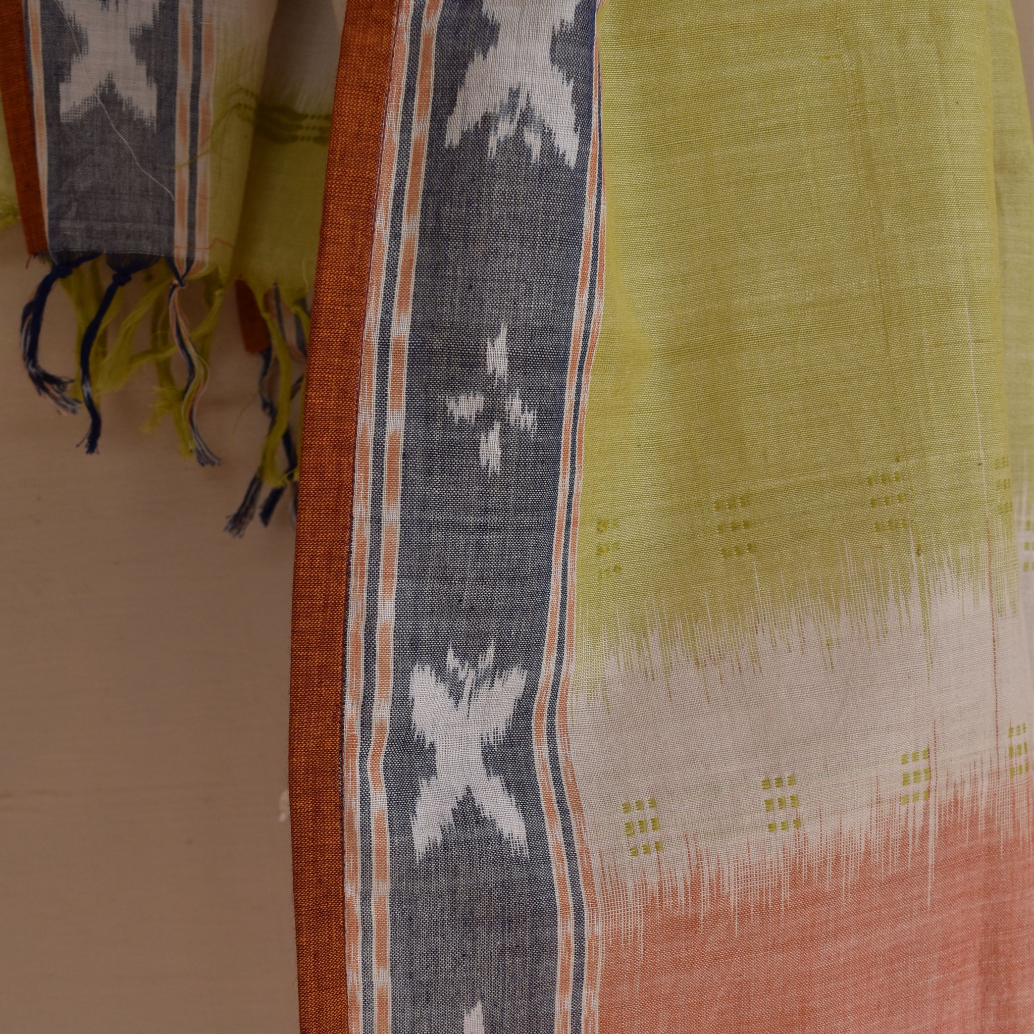 Handloom cotton colorful shaded ikat scarf with white butterfly motifs on borders