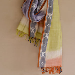 Handloom cotton colorful shaded ikat scarf with white butterfly motifs on borders