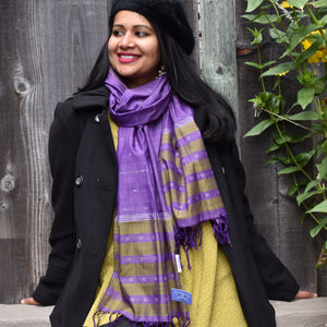 Purple cotton scarf with allover ikat dots and end tassles.