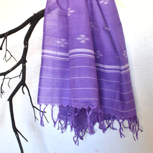 Handwoven purple Sambalpuri cotton ikat scarf with a tiny floral butis allover 