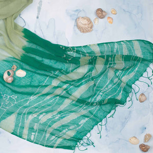Dip dyed green batik scarf with fish and waves motifs