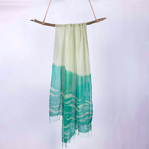 Dip dyed green batik scarf with fish and waves motifs