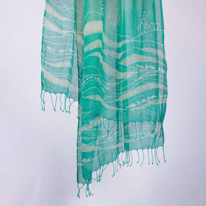 Dip dyed green batik scarf with fish and waves motifs