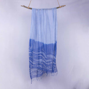 Dip dyed blue batik stole with fish and waves pattern