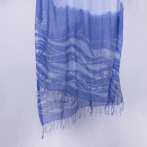 Dip dyed blue batik stole with fish and waves pattern