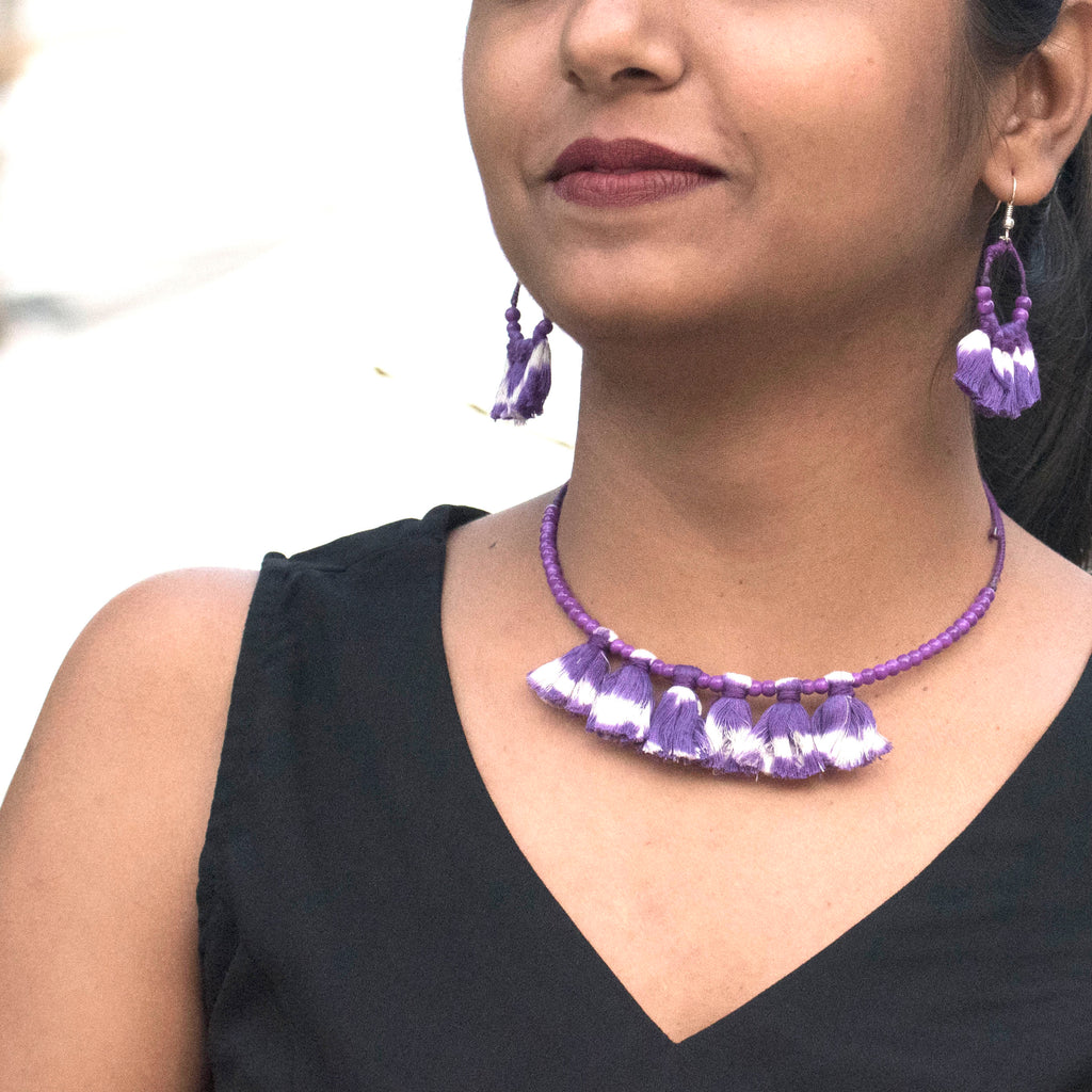 Wire choker and earrings embellished with purple ikat tassels and beads