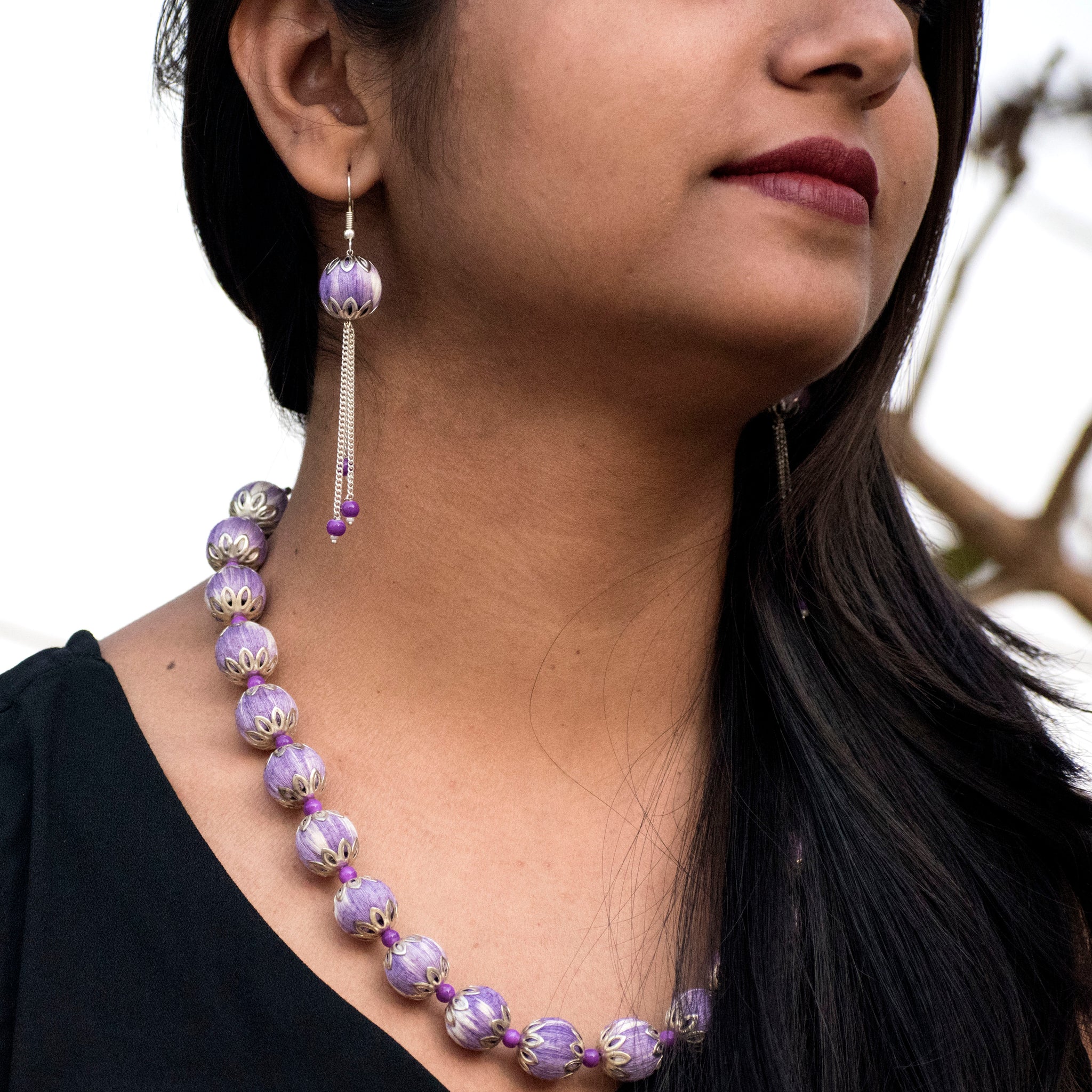 3 Layer Purple Glass Beads Necklace Set with Metal Detailing – A Local Tribe