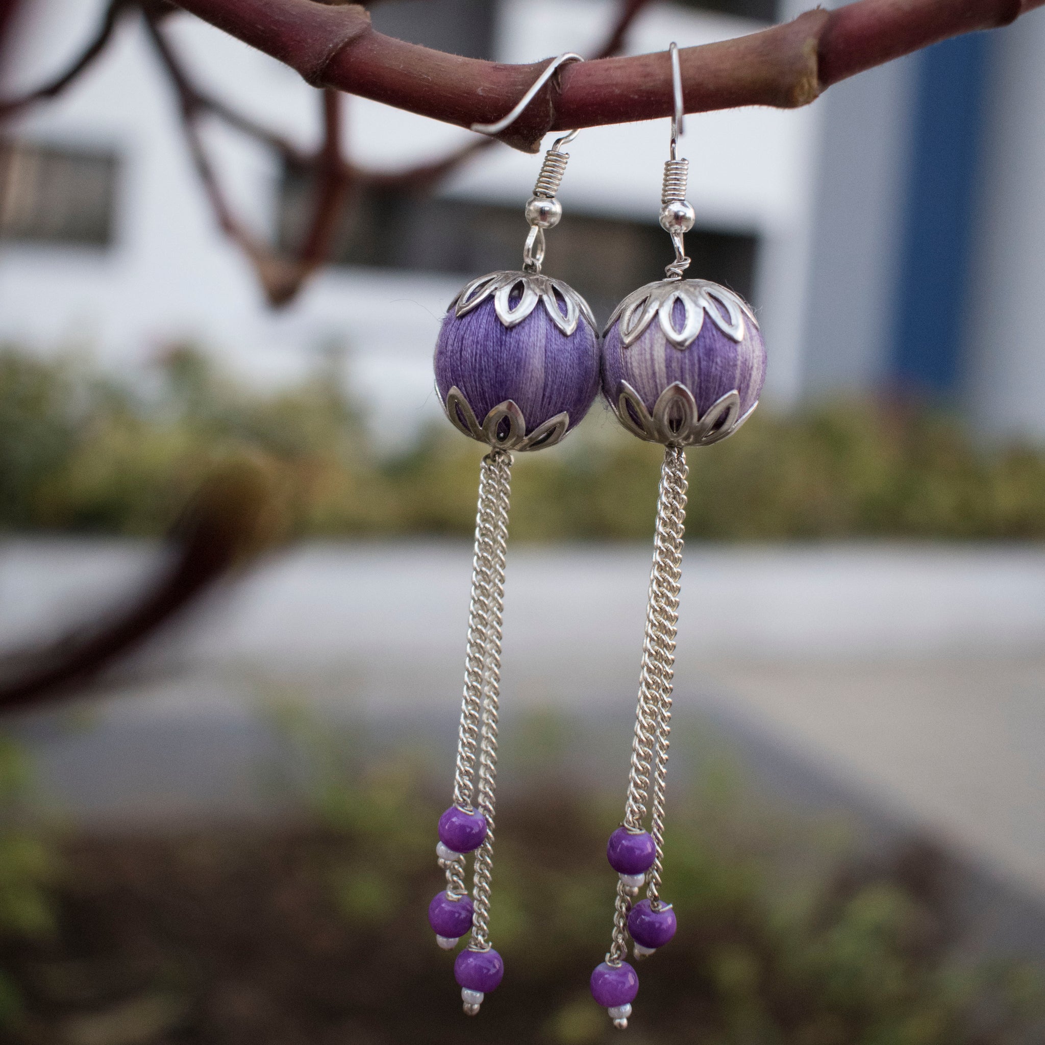Handcrafted lavender ikat beaded earrings