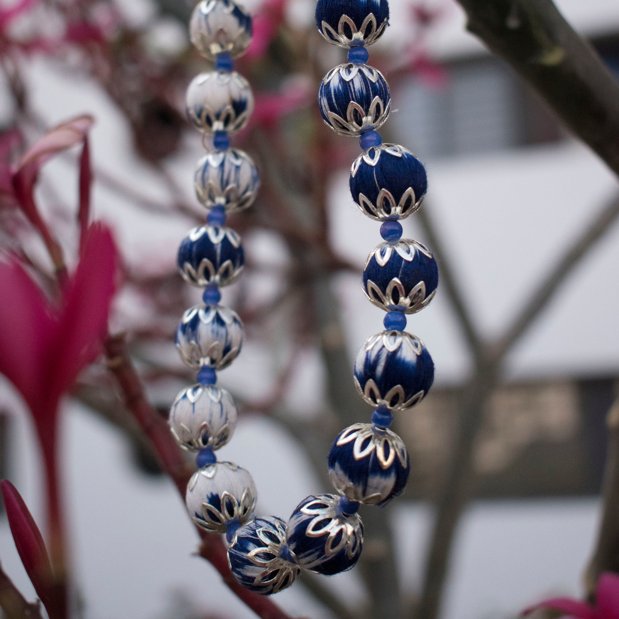 Handcrafted navy blue ikat beaded necklace