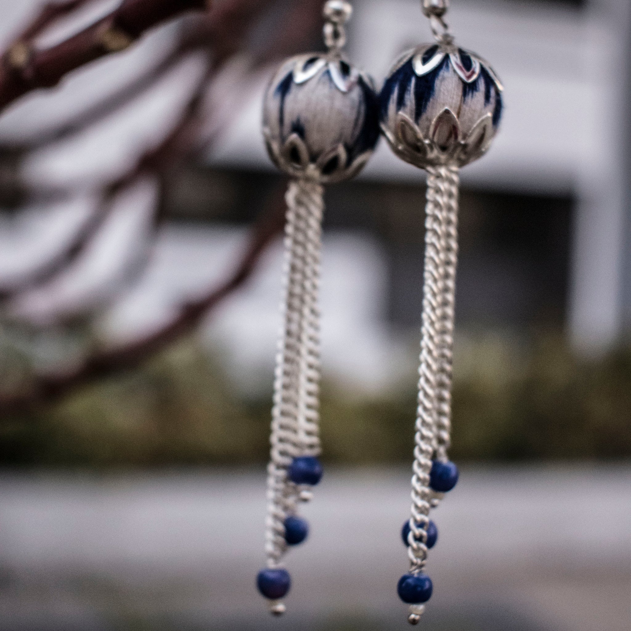 Handcrafted navy blue ikat beaded earrings