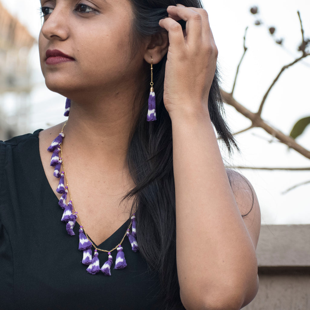Handcrafted purple ikat tassel necklace and earrings set