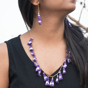 Handcrafted purple ikat tassel necklace and earrings set