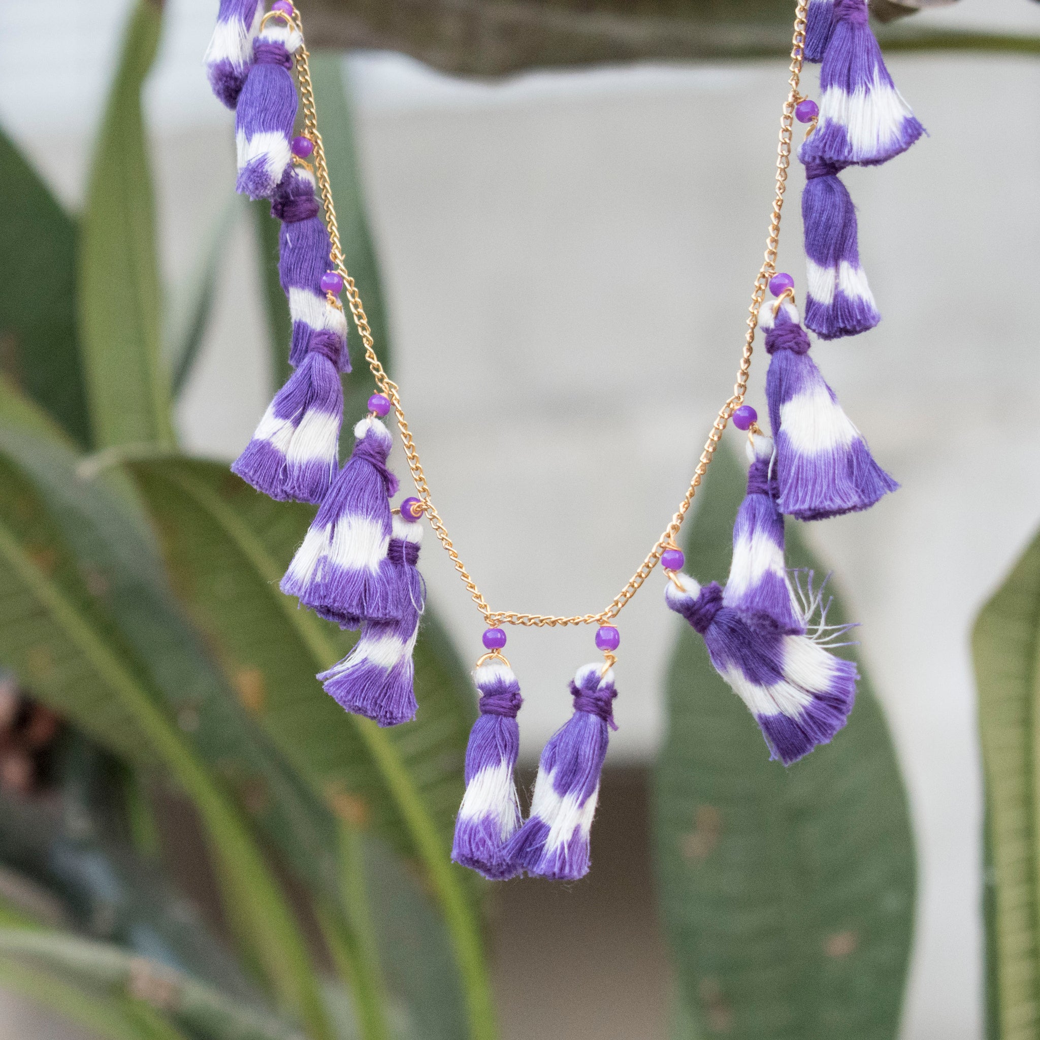 Handcrafted purple ikat tassel necklace