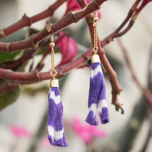 Handcrafted purple ikat tassel earrings