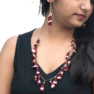 Handcrafted maroon ikat tassel necklace and earrings set