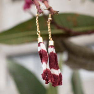 Handcrafted maroon ikat tassel earrings 