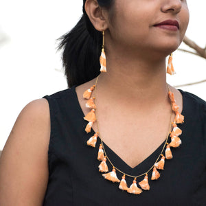 Handcrafted orange ikat tassel necklace and earrings set