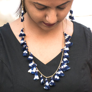 Handcrafted blue ikat tassel necklace and earrings set