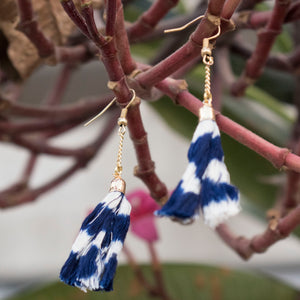 Handcrafted blue ikat tassel earrings