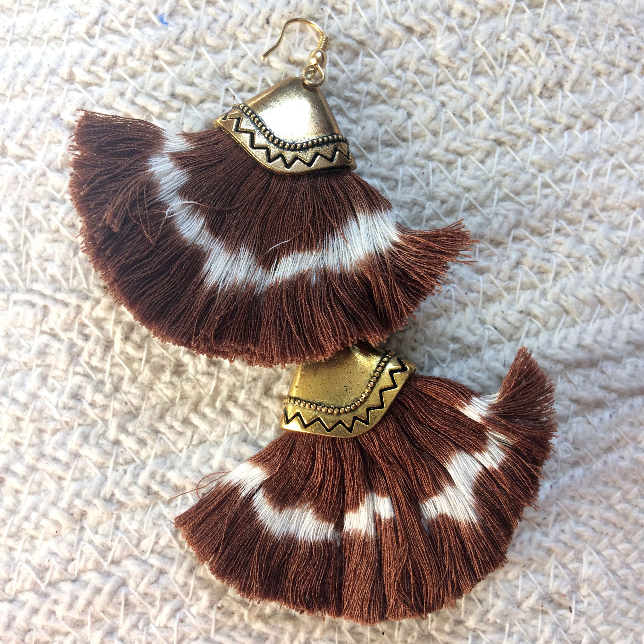Handcrafted Bohemian style brown ikat tassel earrings 
