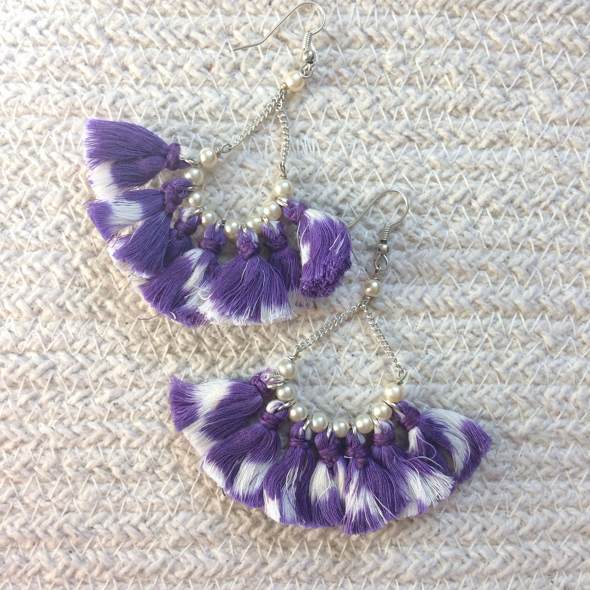 Bohemian style purple ikat tassel earrings 