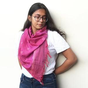 Handwoven two-tone red-purple Sambalpuri cotton ikat scarf with tiny floral butis allover