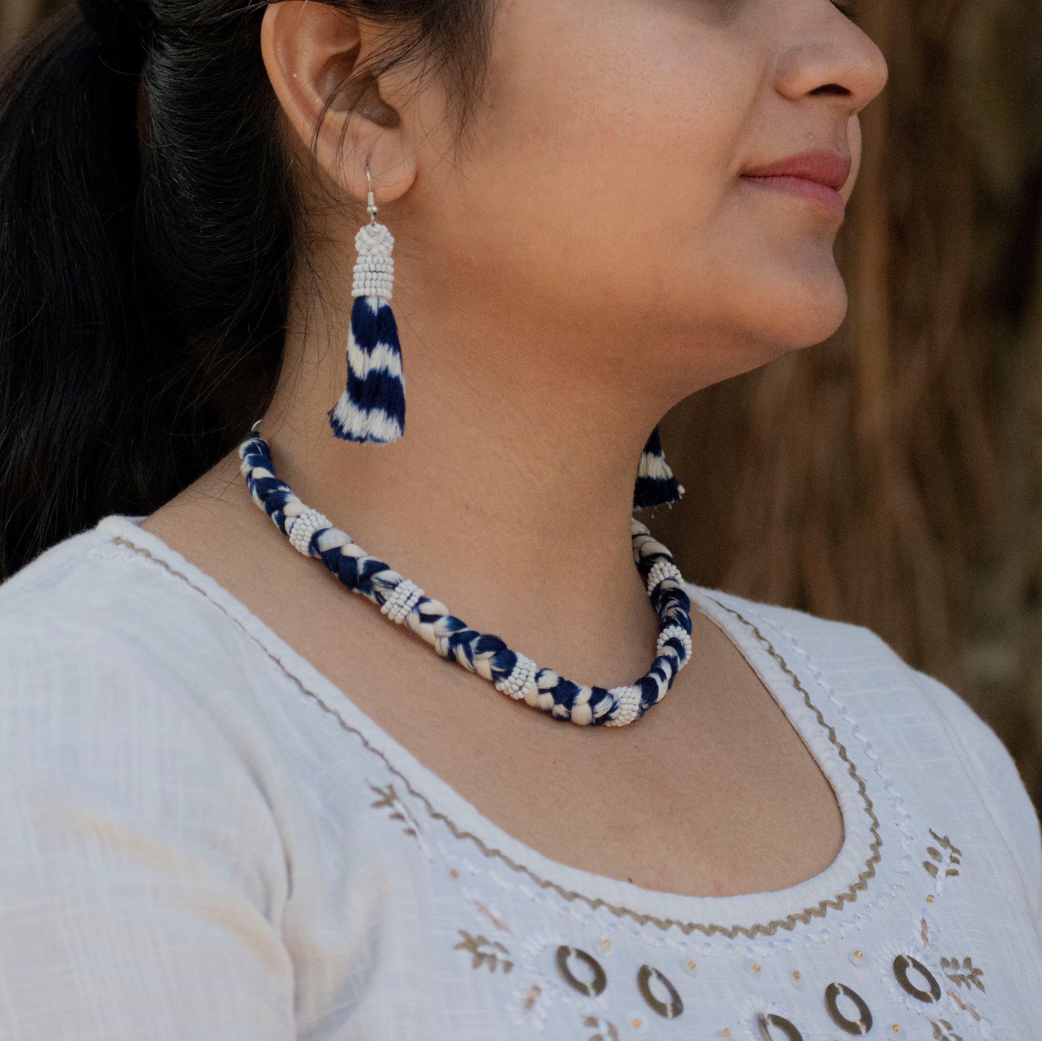 Maharani cotton ikat jewellery set of necklace and earrings
