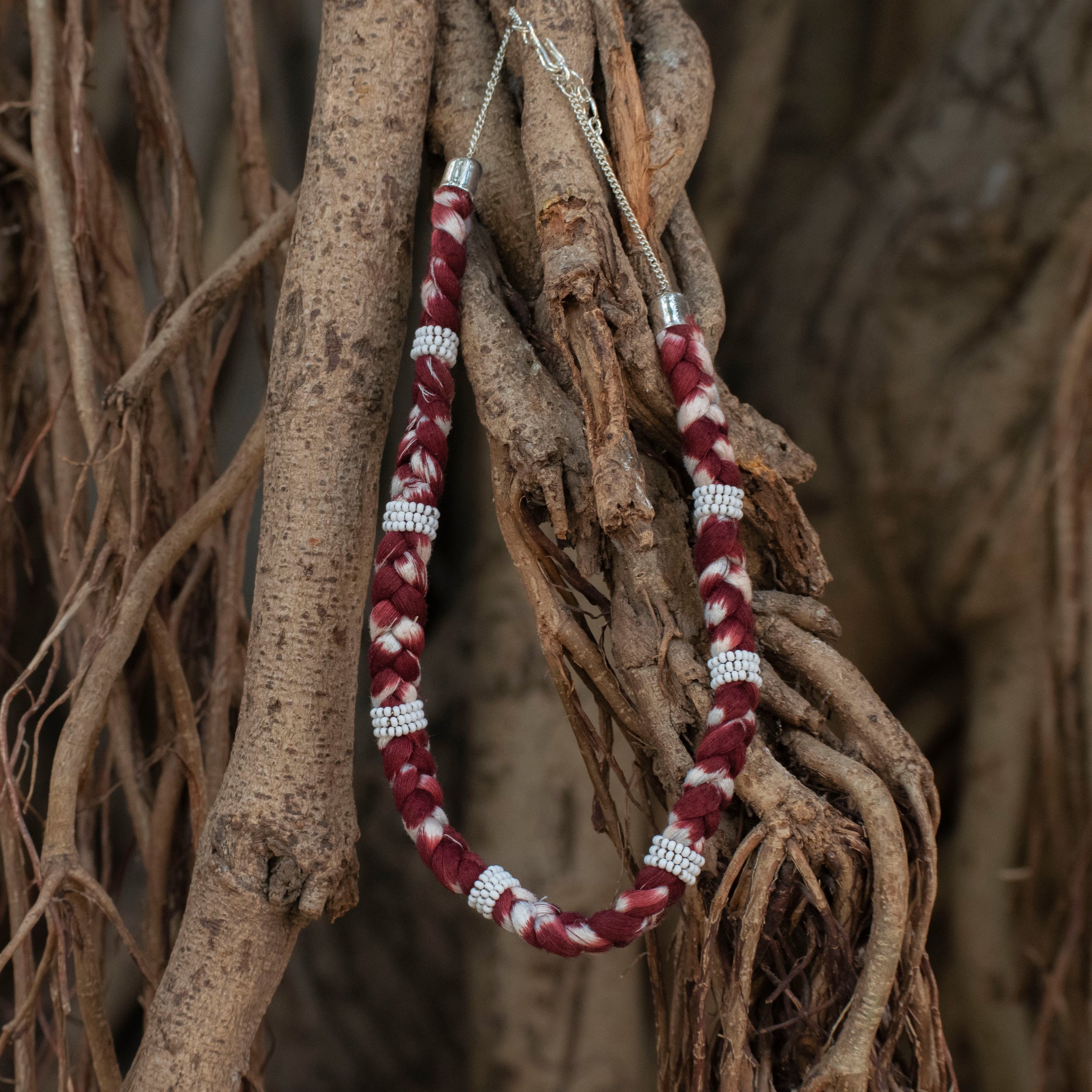 Maharani cotton ikat necklace with metallic chain adjuster