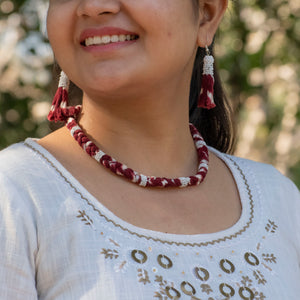 Handmade jewellery set of Maharani cotton ikat necklace with metallic chain adjuster and tassel earrings
