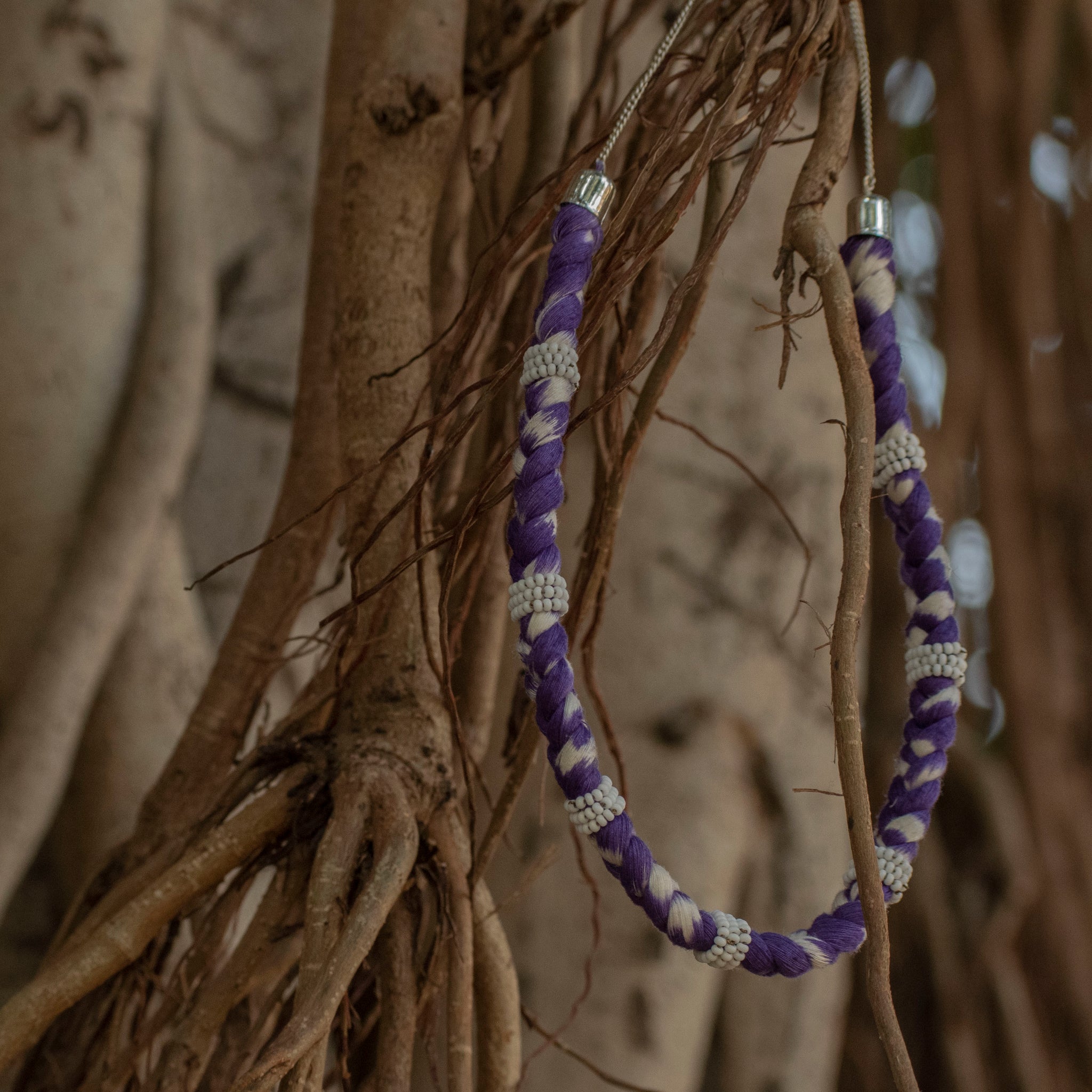 Handmade Maharani purple cotton ikat necklace with metallic chain adjuster 