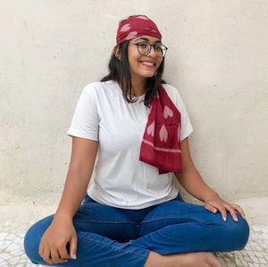 Maroon Sambalpuri ikat scarf with allover taash heart  motifs